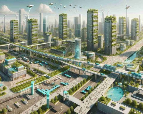 A highly detailed and realistic representation of a future urban design that effectively encapsulates the revolutionizing style. The city should have a futuristic look, with advanced infrastructure like skyscrapers with greenery, futuristic public transit systems, sustainable energy sources such as windmills and solar panels, and people of different descents and gender going about their daily routines. There should be walkways in the sky and drones delivering parcels. The image should reflect a harmonious environment where cutting-edge technology meets eco-friendly design.