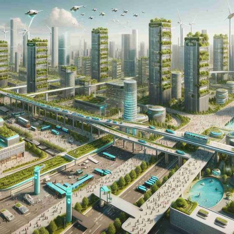 A highly detailed and realistic representation of a future urban design that effectively encapsulates the revolutionizing style. The city should have a futuristic look, with advanced infrastructure like skyscrapers with greenery, futuristic public transit systems, sustainable energy sources such as windmills and solar panels, and people of different descents and gender going about their daily routines. There should be walkways in the sky and drones delivering parcels. The image should reflect a harmonious environment where cutting-edge technology meets eco-friendly design.