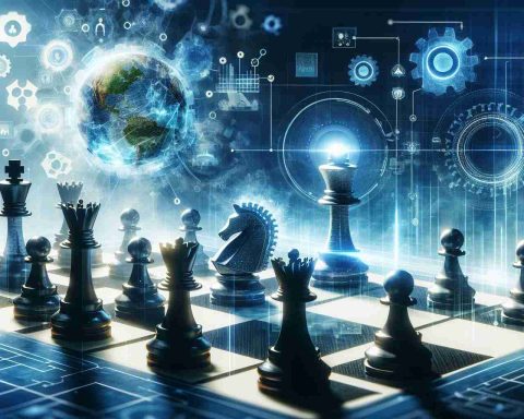 Generate a high-definition, realistic image of a significant, groundbreaking move by a generic, big technology company that's not specified, symbolized by a bold chess move on a digital chessboard with tech-inspired pieces. Let the atmosphere suggest that this could potentially stir up the technology industry.