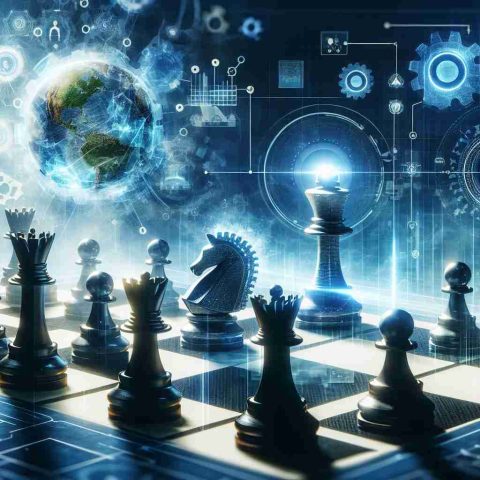 Generate a high-definition, realistic image of a significant, groundbreaking move by a generic, big technology company that's not specified, symbolized by a bold chess move on a digital chessboard with tech-inspired pieces. Let the atmosphere suggest that this could potentially stir up the technology industry.