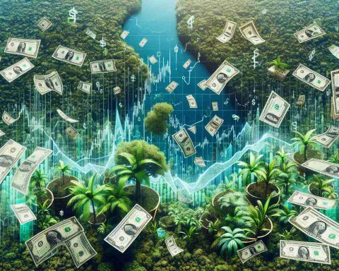 Generate a high-definition, realistic image representing the surge in the Amazon region's economic activity and the things investors need to know. Illustrate the diverse concepts such as the upswing in stock graphs, money flow, and potential business investments in the dense green Amazon Rainforest, with a fusion of natural and financial elements.