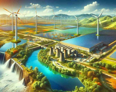 A vivid, high-definition image displaying an exceptional instance of renewable energy usage. An interesting panorama showing an advancing field of wind turbines in a lush plain, the enormous solar panels covering a large factory roof or a groundbreaking hydroelectric dam built over a rushing river. The scene invites us to learn how such remarkable endeavor in renewable energy was achieved.