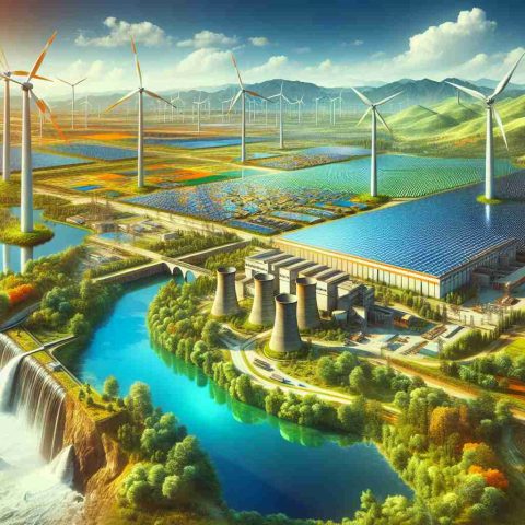 A vivid, high-definition image displaying an exceptional instance of renewable energy usage. An interesting panorama showing an advancing field of wind turbines in a lush plain, the enormous solar panels covering a large factory roof or a groundbreaking hydroelectric dam built over a rushing river. The scene invites us to learn how such remarkable endeavor in renewable energy was achieved.