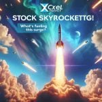 Realistic high definition image of a the metaphorical concept 'stock skyrocketing'. This can be represented by a rocket soaring upwards against a vibrant blue sky, leaving a trail of sparks and smoke behind it. Overlayed on this image is the text 'Xcel Energy Stock Skyrockets! What’s Fueling This Surge?'