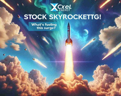 Realistic high definition image of a the metaphorical concept 'stock skyrocketing'. This can be represented by a rocket soaring upwards against a vibrant blue sky, leaving a trail of sparks and smoke behind it. Overlayed on this image is the text 'Xcel Energy Stock Skyrockets! What’s Fueling This Surge?'