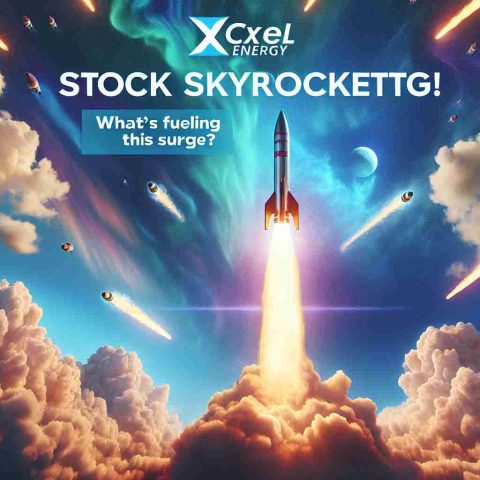 Realistic high definition image of a the metaphorical concept 'stock skyrocketing'. This can be represented by a rocket soaring upwards against a vibrant blue sky, leaving a trail of sparks and smoke behind it. Overlayed on this image is the text 'Xcel Energy Stock Skyrockets! What’s Fueling This Surge?'