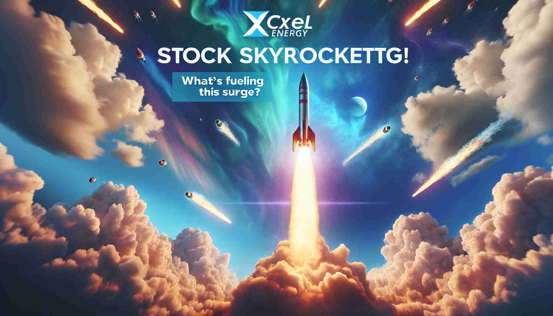 Realistic high definition image of a the metaphorical concept 'stock skyrocketing'. This can be represented by a rocket soaring upwards against a vibrant blue sky, leaving a trail of sparks and smoke behind it. Overlayed on this image is the text 'Xcel Energy Stock Skyrockets! What’s Fueling This Surge?'