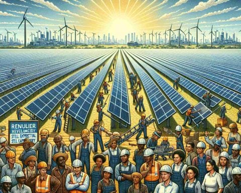 Detailed depiction of a revolution in solar energy. Think of a scene with vast arrays of advanced solar panels stretching to the horizon, gleaming under the sunlight. Some panels are being installed by diverse workforce including men and women of various descents, such as Black, White, Hispanic and South Asian, showcasing a harmonious collaboration. Added to this, include an element of uncertainty or 'catch', perhaps a sign prominently stating, 'Still Experimental', or some workers looking skeptical or apprehensive. Overall, this should communicate both hope and wariness in the shift to renewable energy.