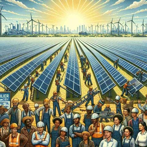 Detailed depiction of a revolution in solar energy. Think of a scene with vast arrays of advanced solar panels stretching to the horizon, gleaming under the sunlight. Some panels are being installed by diverse workforce including men and women of various descents, such as Black, White, Hispanic and South Asian, showcasing a harmonious collaboration. Added to this, include an element of uncertainty or 'catch', perhaps a sign prominently stating, 'Still Experimental', or some workers looking skeptical or apprehensive. Overall, this should communicate both hope and wariness in the shift to renewable energy.