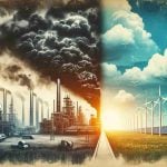 An illustrative imagery representing the dichotomy between a surprising setback versus a promising future in the context of an anonymous energy company. On one side, visualize an industrial scene with dark clouds overhead, symbolizing the setbacks - possibly outdated machinery or an oil spill. On the other side, generate a scene representing a promising future, showing renewable energy sources like wind turbines and solar panels under a clear sky. Use high quality, realistic photographic style for the picture.