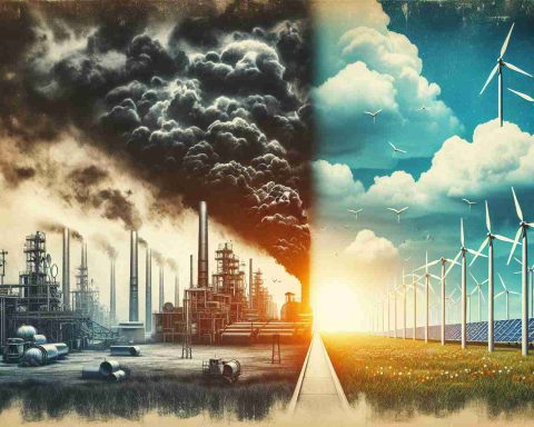 An illustrative imagery representing the dichotomy between a surprising setback versus a promising future in the context of an anonymous energy company. On one side, visualize an industrial scene with dark clouds overhead, symbolizing the setbacks - possibly outdated machinery or an oil spill. On the other side, generate a scene representing a promising future, showing renewable energy sources like wind turbines and solar panels under a clear sky. Use high quality, realistic photographic style for the picture.