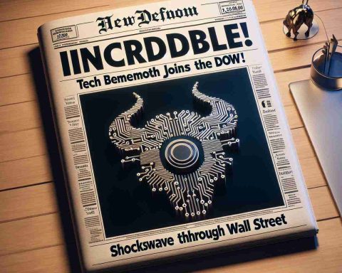 A high definition realistic image of a newspaper front page featuring the headline 'Incredible! Tech Behemoth Joins the Dow! - Shockwave through Wall Street'. Accompanying the headline is an emblematic symbol of a tech company, perhaps a stylized pattern of circuits or a modern sleek logo, next to graphics representing Wall Street such as the iconic bull statue.