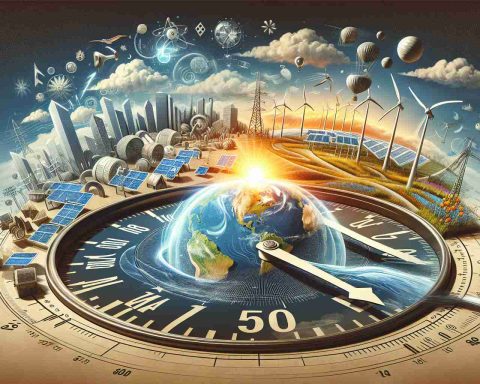 Imagine a visual representation of the concept 'Transforming the Future - Energy Bill Shakeup on the Horizon'. To the left, depict a clock hand moving rapidly to symbolize the transformation of time. Towards the center, illustrate a globe with energy symbols like wind turbines, solar panels, and hydropower structures to signify the changing energy landscape. Above this, show a rising sun on a horizon to represent a new dawn in energy policy. Make everything high-definition and realistic.