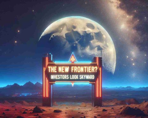 A vivid, high-definition conceptual image that portrays the idea of Moon Real Estate. The scene includes a futuristic signboard with the words 'The New Frontier? Investors Look Skyward' illuminated against a clear, starry sky background. The moon can be seen in the distance, large and enigmatic. The terrain is left untouched yet inviting, symbolizing the untapped potential of lunar land investment. This should depict moon as an untouched terrain with the potential for possible future development.