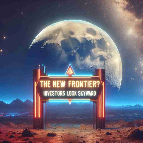 A vivid, high-definition conceptual image that portrays the idea of Moon Real Estate. The scene includes a futuristic signboard with the words 'The New Frontier? Investors Look Skyward' illuminated against a clear, starry sky background. The moon can be seen in the distance, large and enigmatic. The terrain is left untouched yet inviting, symbolizing the untapped potential of lunar land investment. This should depict moon as an untouched terrain with the potential for possible future development.