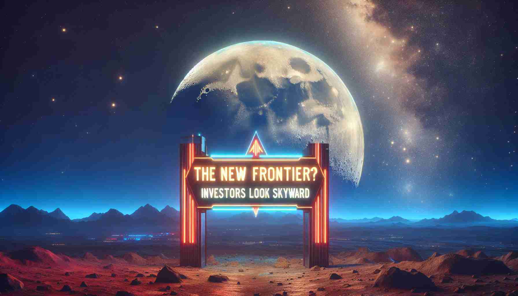 A vivid, high-definition conceptual image that portrays the idea of Moon Real Estate. The scene includes a futuristic signboard with the words 'The New Frontier? Investors Look Skyward' illuminated against a clear, starry sky background. The moon can be seen in the distance, large and enigmatic. The terrain is left untouched yet inviting, symbolizing the untapped potential of lunar land investment. This should depict moon as an untouched terrain with the potential for possible future development.