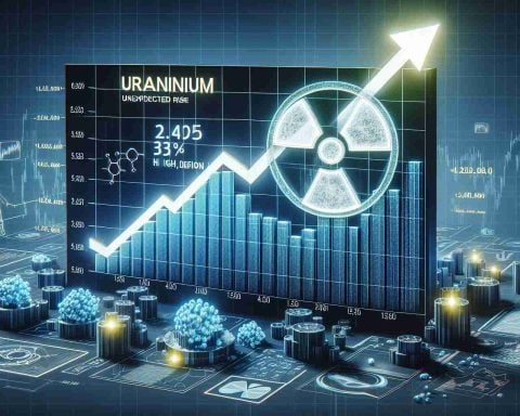 A high-definition, realistic visual representation of an unexpected rise in Uranium stocks. The image should show a digital stock market chart, impressively demonstrating an upward trend for Uranium stocks, signalling a surge. Accompany the chart with symbols of Uranium, such as the radioactive sign and atomic structure. Incorporate visual elements that simulate the reasons driving this surge, such as increasing demand symbols or metaphorical images of a boom.