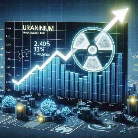 A high-definition, realistic visual representation of an unexpected rise in Uranium stocks. The image should show a digital stock market chart, impressively demonstrating an upward trend for Uranium stocks, signalling a surge. Accompany the chart with symbols of Uranium, such as the radioactive sign and atomic structure. Incorporate visual elements that simulate the reasons driving this surge, such as increasing demand symbols or metaphorical images of a boom.