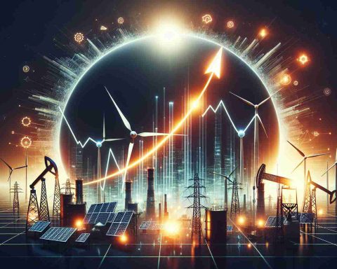 Generate a high-definition, realistic image which represents a stock alert for an unknown energy company that has recently experienced a surge. The design should embody the energy sector with symbols such as oil rigs, solar panels, or wind turbines. Include a seamlessly integrated, dynamic line graph depicting a sharp upward trend, symbolizing the company's recent surge. Remember to keep the company unspecified and abstract. The whole scene should create a sense of excitement and urgency, as if something big is happening in the energy sector.