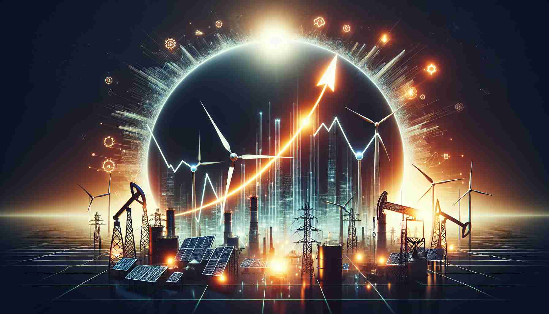 Generate a high-definition, realistic image which represents a stock alert for an unknown energy company that has recently experienced a surge. The design should embody the energy sector with symbols such as oil rigs, solar panels, or wind turbines. Include a seamlessly integrated, dynamic line graph depicting a sharp upward trend, symbolizing the company's recent surge. Remember to keep the company unspecified and abstract. The whole scene should create a sense of excitement and urgency, as if something big is happening in the energy sector.