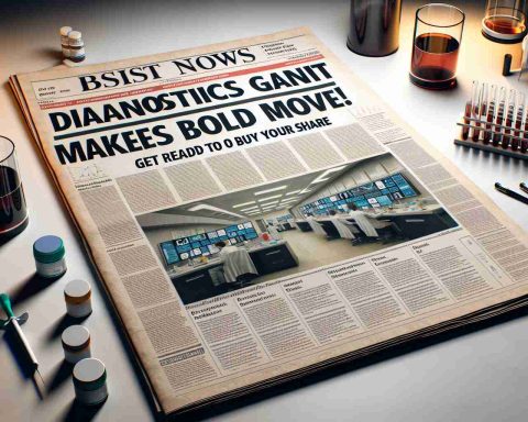 A highly realistic and high-definition image of a newspaper headline that reads 'Diagnostics Giant Makes Bold Move! Get Ready to Buy Your Share'. It should look just like it's been taken from a recent edition of a respected business newspaper, showing not only the headline but also a few columns of the article underneath it and perhaps a photo of a diagnostics laboratory with scientists at work.