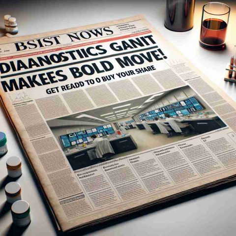 A highly realistic and high-definition image of a newspaper headline that reads 'Diagnostics Giant Makes Bold Move! Get Ready to Buy Your Share'. It should look just like it's been taken from a recent edition of a respected business newspaper, showing not only the headline but also a few columns of the article underneath it and perhaps a photo of a diagnostics laboratory with scientists at work.