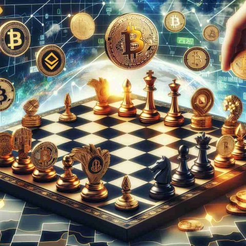 Generate a high-definition, realistic image illustrating a bold move by a well-known virtual currency exchange platform, which serves as a turning point for cryptocurrency supporters. This scene can depict a symbolic chess board in the center with elements such as golden bitcoins and various symbolic crypto icons strategically positioned as game-changing chess pieces.