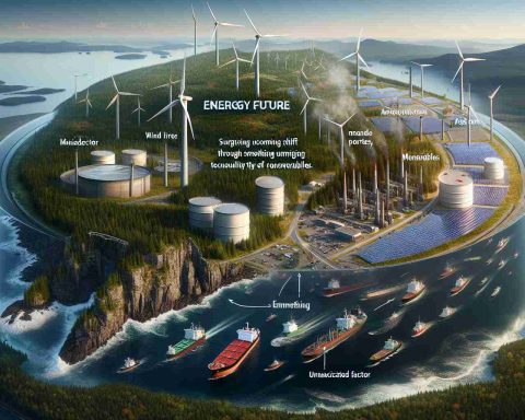 A realistic HD image illustrating the concept of Maine's energy future. Depict possible shifts in energy sources such as a gradual transition from oil barrels to wind turbines or solar panels symbolizing the surging popularity of renewables. Additionally, denote a surprising upcoming shift through something unexpected like an emergent technology or an unanticipated factor. Overlay these elements on a map or an aerial view of Maine, with forests, mountains and coastlines. Use visual indications to suggest the influence of political change without depicting any politicians.