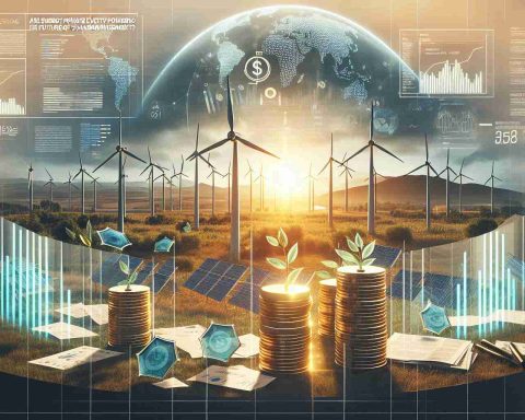 A realistic high-definition image showing the concept of private equity firms in the energy sector powering the future of sustainable investments. The scene includes an array of wind turbines, solar panels and other renewable energy sources set against a backdrop of a rising sun, symbolizing a hopeful future. Overlaid on this landscape, semi-transparent images of documents and graphs illustrating investment trends and financial transactions. Finally, a golden sign foregrounded, with the text 'Are Energy Private Equity Firms Powering the Future of Sustainable Investments?'