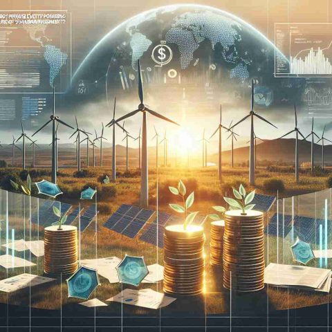 A realistic high-definition image showing the concept of private equity firms in the energy sector powering the future of sustainable investments. The scene includes an array of wind turbines, solar panels and other renewable energy sources set against a backdrop of a rising sun, symbolizing a hopeful future. Overlaid on this landscape, semi-transparent images of documents and graphs illustrating investment trends and financial transactions. Finally, a golden sign foregrounded, with the text 'Are Energy Private Equity Firms Powering the Future of Sustainable Investments?'