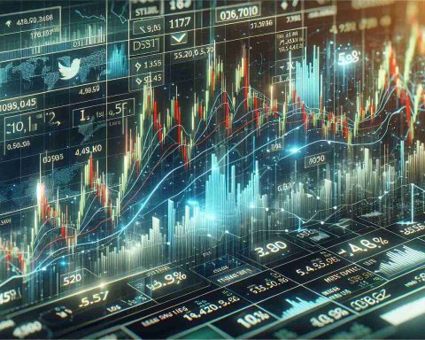 Realistic high definition image of a bullish stock market chart, representing a specific 'tech stock' that has recently experienced a significant increase in value. An array of financial information overlays the chart, indicating factors that investors may have overlooked, such as lower than expected earnings, missed forecasts, etc.