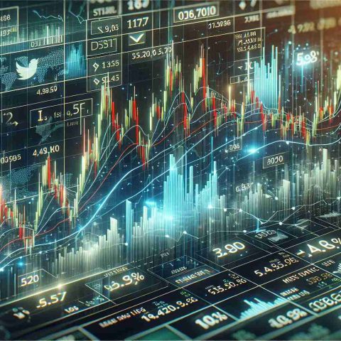 Realistic high definition image of a bullish stock market chart, representing a specific 'tech stock' that has recently experienced a significant increase in value. An array of financial information overlays the chart, indicating factors that investors may have overlooked, such as lower than expected earnings, missed forecasts, etc.