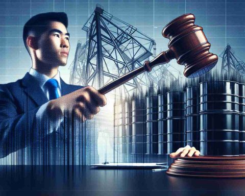 A detailed, high-definition digital image representing a news concept. The centerpiece is a corporate executive (Asian male), dramatically poised with a gavel in hand, signifying the act of selling. Behind him, the abstract representation of an immensely large tower of oil barrels, symbolizing the Energy Giant. The ambiance suggests seriousness, with a predominately blue and grey color scheme to represent the business world.