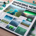 A realistic, high-definition image of a newspaper front page showing a headline that reads: 'Shocking News! Billions Still Pouring Into This Green Frontier'. The page features images related to environmental sustainability and renewable energy. It also includes charts and graphs depicting the increasing investment in this sector.