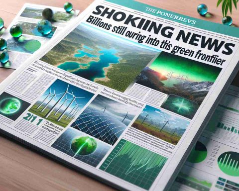 A realistic, high-definition image of a newspaper front page showing a headline that reads: 'Shocking News! Billions Still Pouring Into This Green Frontier'. The page features images related to environmental sustainability and renewable energy. It also includes charts and graphs depicting the increasing investment in this sector.