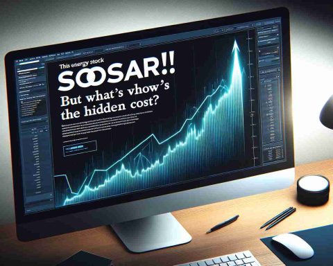 Design a realistic, high-definition image abiding by associated graphical principles showcasing the headline 'This Energy Stock Soars! But What’s the Hidden Cost?' The design should symbolically depict the concept of a skyrocketing energy stock, notably a stylized line graph with an upward trajectory on a computer screen. It should also subtlety incorporate the uncertainty of the 'hidden cost', perhaps through the use of shadowy figures or symbolic elements. This should suggest a tone of intrigue and suspense.