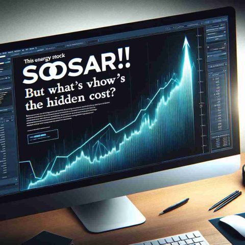 Design a realistic, high-definition image abiding by associated graphical principles showcasing the headline 'This Energy Stock Soars! But What’s the Hidden Cost?' The design should symbolically depict the concept of a skyrocketing energy stock, notably a stylized line graph with an upward trajectory on a computer screen. It should also subtlety incorporate the uncertainty of the 'hidden cost', perhaps through the use of shadowy figures or symbolic elements. This should suggest a tone of intrigue and suspense.