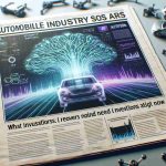 A realistic, high-definition depiction of a Newspaper article with the headline 'Automobile industry stock soars amidst AI revolution: What investors need to know now.' The newspaper layout includes various informational graphs representing the soaring stock, and text outlining key points for investors. A background featuring symbols of AI like neural networks and robotic arms. The AI symbols should not dominate the scene, but subtly hint at the revolution taking place.