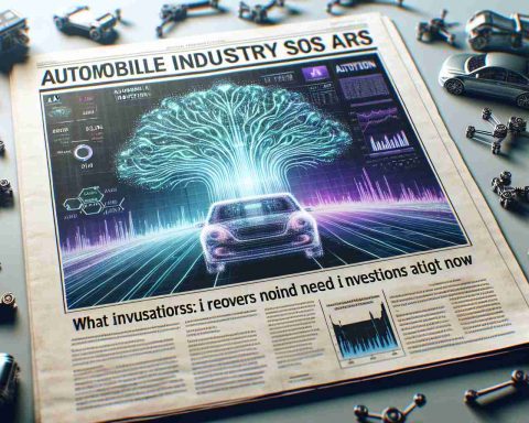 A realistic, high-definition depiction of a Newspaper article with the headline 'Automobile industry stock soars amidst AI revolution: What investors need to know now.' The newspaper layout includes various informational graphs representing the soaring stock, and text outlining key points for investors. A background featuring symbols of AI like neural networks and robotic arms. The AI symbols should not dominate the scene, but subtly hint at the revolution taking place.