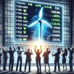 Produce a realistic, high-definition image that depicts a group of excited investors from various descents such as Hispanic, Caucasian, South Asian, Middle Eastern, and Black. They are observing a towering board displaying the stock market data with one particular energy company, depicted as a large, brightly illuminated symbol, demonstrating excellent performance and leading the market.