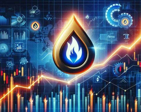 Generate a realistic HD image portraying sudden growth in the energy sector. Display a unique symbol representing an energy company on a hypothetical stock market where the company's stock has significantly skyrocketed. Incorporate elements such as bullish candles, upward trending graphs, and exciting color schemes to suggest a positive outlook.