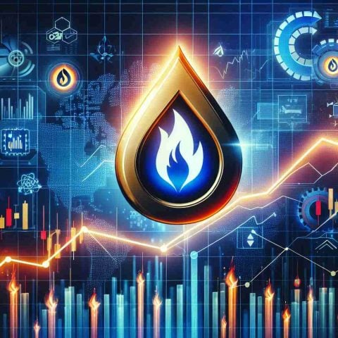 Generate a realistic HD image portraying sudden growth in the energy sector. Display a unique symbol representing an energy company on a hypothetical stock market where the company's stock has significantly skyrocketed. Incorporate elements such as bullish candles, upward trending graphs, and exciting color schemes to suggest a positive outlook.