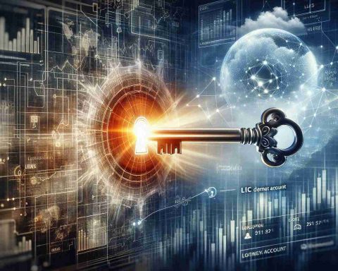 A realistic HD image of an abstract visualization of unlocking a secret investment tool. It features a large symbolic key unlocking a sophisticated algorithm represented as a complex structure. In the background, graphics show the transformation of an investment portfolio, with LIC Demat Accounts indicated as a major factor. The aura of the image reflects a sense of financial progress and breakthrough.