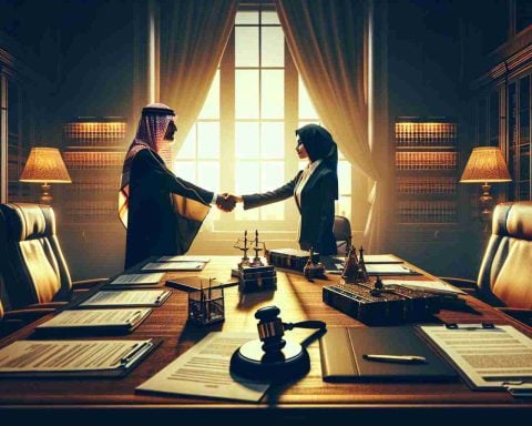 Generate a high definition image that depicts the end of a legal drama, where powerful financial figures have decided to call a truce. This can be signified through two corporate tycoons, one Middle-Eastern man and one South Asian woman, shaking hands across a table strewn with legal documents, in a room illuminated by the soft light of a nearby window. The atmosphere should resonate with a sense of peace and resolution.