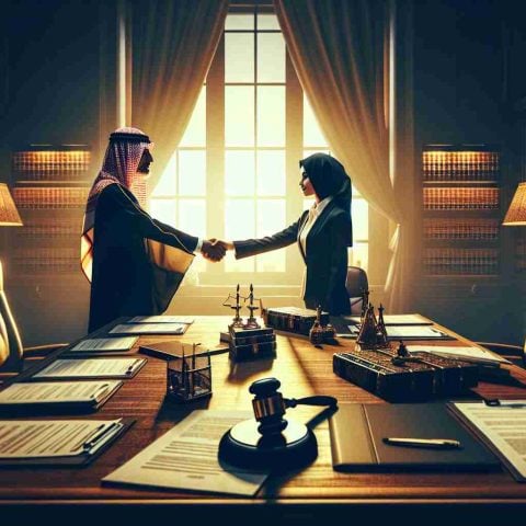 Generate a high definition image that depicts the end of a legal drama, where powerful financial figures have decided to call a truce. This can be signified through two corporate tycoons, one Middle-Eastern man and one South Asian woman, shaking hands across a table strewn with legal documents, in a room illuminated by the soft light of a nearby window. The atmosphere should resonate with a sense of peace and resolution.