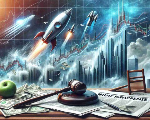 Realistic, high definition image depicting the concept of a 'stock market shake-up'. The picture should feature symbolic representations of financial turbulence, such as line graphs fluctuating wildly, a gavel used for auctions indicating big battles, and perhaps a rocket taking off symbolizing Bitcoin soaring. Newspapers with the bold headline, 'What Happened?' lay scattered across a desk. Background elements might include a financial district skyline or the interior of a stock exchange floor for context.