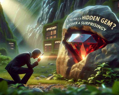 A high-definition, realistic image of a conceptual representation for the phrase 'Is This Stock a Hidden Gem? Discover a Surprising Opportunity'. The scene could entail an individual peering at a shiny gem concealed within a dense rock, symbolizing a valuable stock covered amidst average ones. The gem subtly glows to further illustrate its undiscovered potential. The scene is set in a lush green backdrop to represent the 'opportunity' part of the phrase, embodying growth and prosperity.