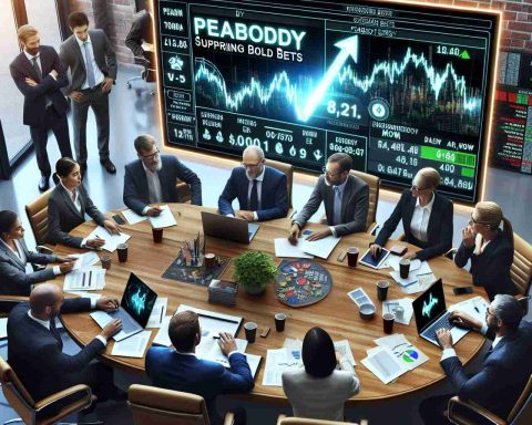 High-definition, realistic image of a diverse group of investors engaged in decision-making. They could be around a table with papers, laptops, and gadgets, symbolizing bold bets. There could also be a large screen in the background displaying a running ticker, boosting the name 'Peabody Energy', symbolizing the surprising strength of the company.