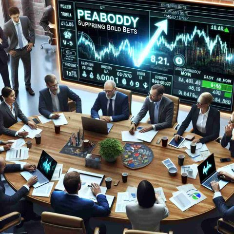 High-definition, realistic image of a diverse group of investors engaged in decision-making. They could be around a table with papers, laptops, and gadgets, symbolizing bold bets. There could also be a large screen in the background displaying a running ticker, boosting the name 'Peabody Energy', symbolizing the surprising strength of the company.