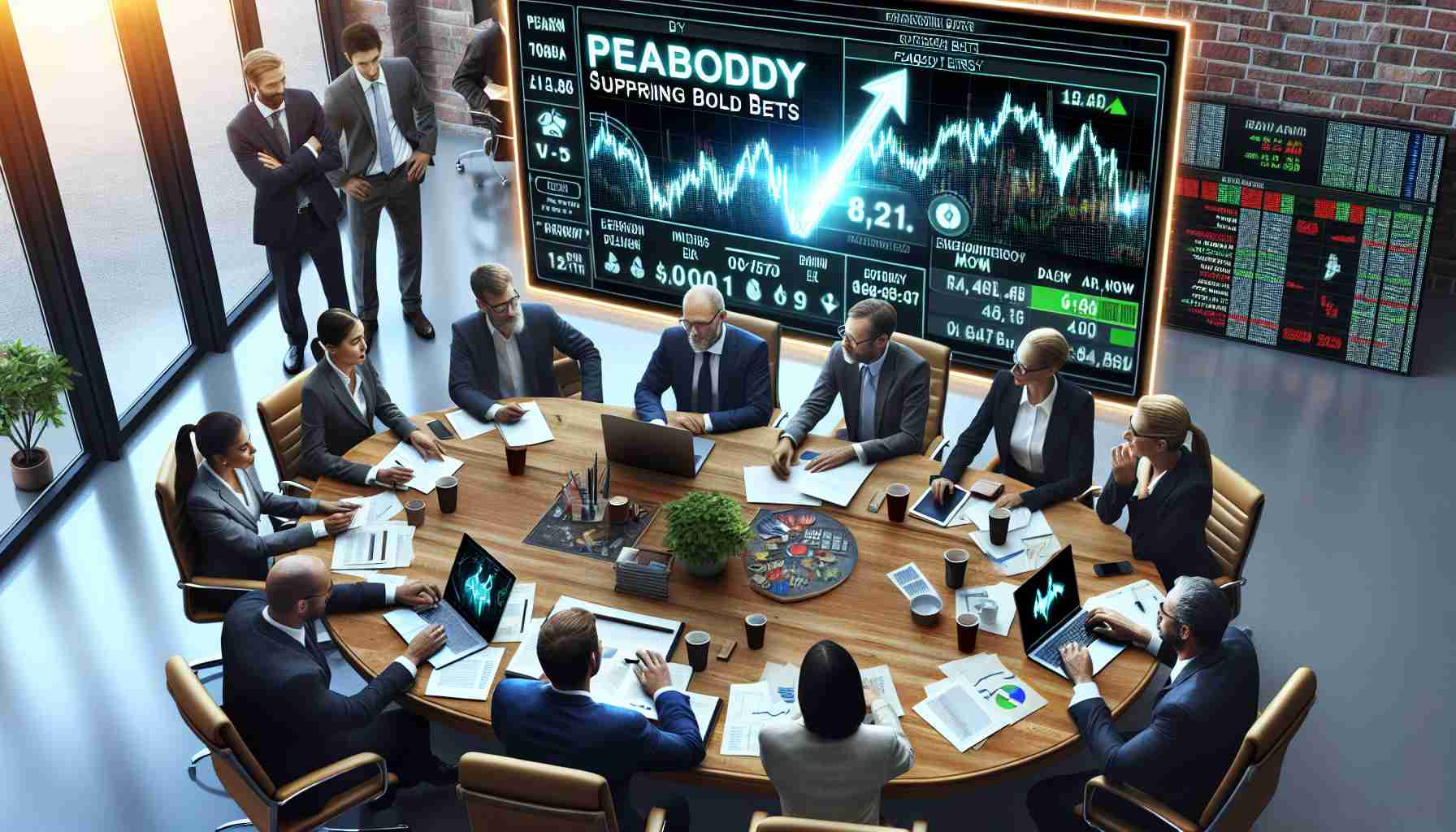 High-definition, realistic image of a diverse group of investors engaged in decision-making. They could be around a table with papers, laptops, and gadgets, symbolizing bold bets. There could also be a large screen in the background displaying a running ticker, boosting the name 'Peabody Energy', symbolizing the surprising strength of the company.